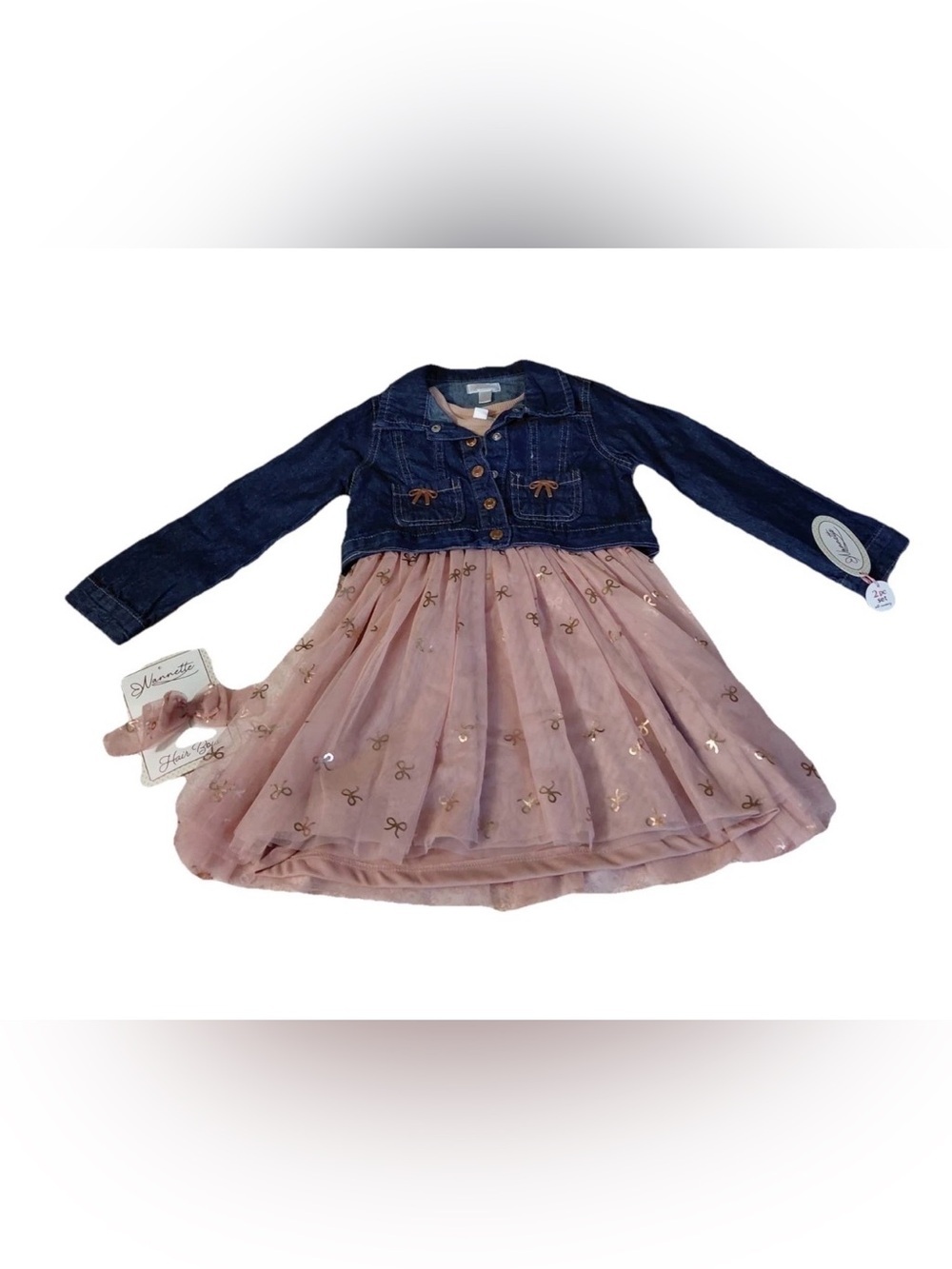 ⁠NWT Nannette Girls 3-Pc Dress Set with Denim Jacket & Hair Bow Size 5⁠